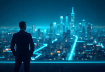 Fototapeta premium Future Business Leader: Man Overlooking Digital Smart City and Technology Investment