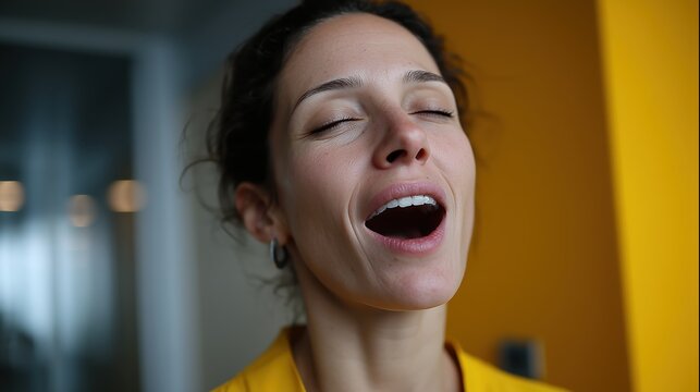 Femme baillant aux yeux ferm&eacute;s exprimant la fatigue dans un bureau