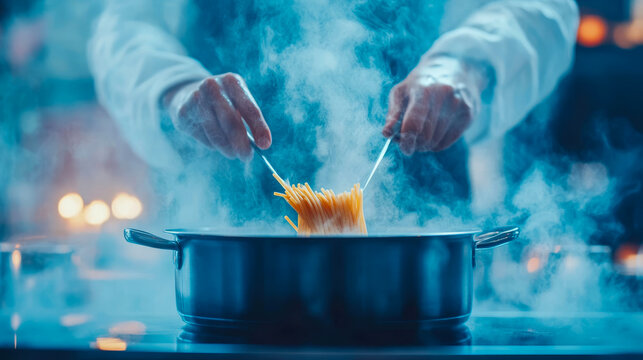 Professional chef's hands artfully lifting steaming spaghetti from boiling pot amidst dramatic blue light and rising vapor in modern kitchen setting