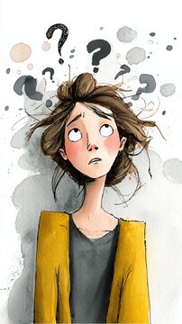 Jeune femme perplexe entour&eacute;e de points d'interrogation color&eacute;s