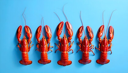 Vibrant Red Lobsters on a Light Blue Background.
