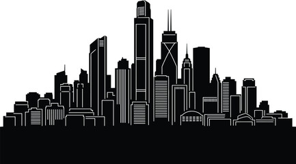 Obraz premium Vector silhouette of modern city skyline with tall skyscrapers and architectural variety for urban design, travel, planning, and branding themes