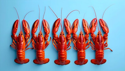 Five Red Lobsters on Blue Background - A Seafood Still Life.