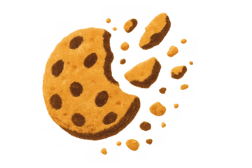 Chocolate chip cookie breaking apart, crumbs falling, bitten snack, sweet dessert on transparent background