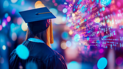 Graduate observes dynamic display of glowing digital data and binary code, symbolizing future rich in technology and innovation, surrounded by vibrant bokeh lights.