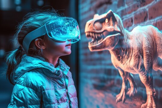 Child in glowing VR headset interacts with an augmented reality dinosaur, merging futuristic tech with prehistoric life on a vibrant street.