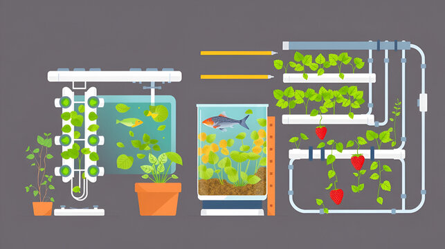 Equipment for vertical farming flat vector illustrations set. Aeroponic towers, aquaponic tank with fish and hydroponic pipes with crops and strawberry.