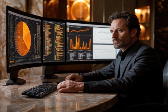 A focused man in a suit analyzes complex data visualizations, code, and charts across a multi-monitor setup in a professional environment. - Powered by Adobe