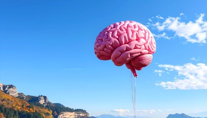 Brain Balloon Floating in a Blue Sky Landscape.
