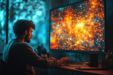 Man deeply focused on a large monitor displaying an intricate, glowing digital network, suggestive of AI or data analysis.