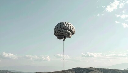 Brain balloon floating in the sky, conceptual image of thought.