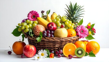 Abundant Fruit Basket with Flowers - A Colorful and Healthy Display.
