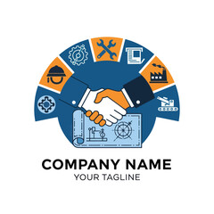 Construction and Engineering Partnership Logo with Blueprint and Handshake.