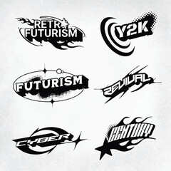 Fototapeta premium Retro Futurism Y2K Cyber Revival Typography Set – Bold Black and White Stylized Text Graphics