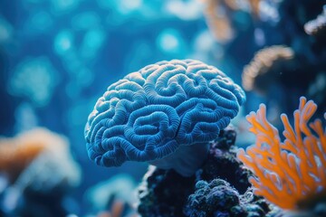 Fototapeta premium A captivating blue brain coral, resembling a biological brain, thrives underwater surrounded by contrasting vibrant orange coral, showcasing intricate marine life.
