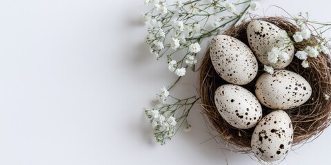 Obraz premium Bird's nest holding speckled eggs, surrounded by white flowers, against a plain white backdrop