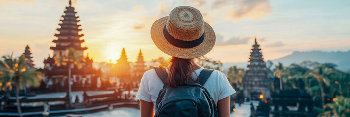 Adventurous female traveler with straw hat and backpack gazing at stunning golden sunrise over ancient Asian temple pagodas and lush palm trees, embracing cultural exploration and serene wanderlust.