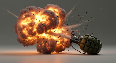 Dramatic Explosion of a Hand Grenade Illustrating Power and Destruction on Plain Backdrop
