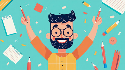 Cheerful bearded man with glasses triumphantly holding pencils amidst scattered creative and learning supplies on vibrant blue background, symbolizing joy in education and ideas.