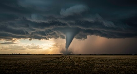 Dramatic landscape featuring a powerful tornado touching down over an open field under ominous skies