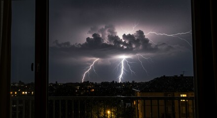 Dramatic lightning storm illuminates the night sky over a city view from a window