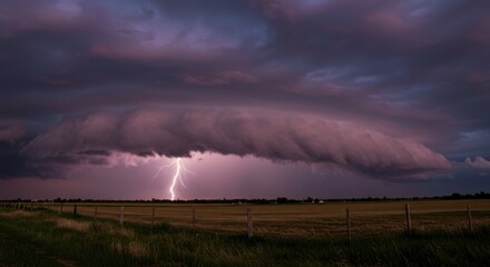 Dramatic lightning strike illuminating a rural landscape under ominous storm clouds