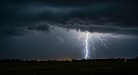 Dramatic thunderstorm with lightning strike illuminating the night sky with power and intensity