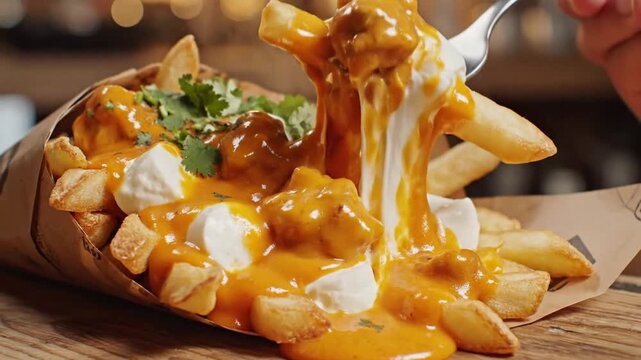 3230155 940 crispy fries loaded with butter chicken gravy cheese curds and cilantro melty cheese pulls visible served in a paper cone 17726822 1