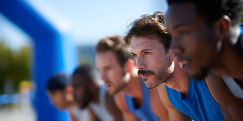 Focused male athletes in blue sportswear preparing to start a race outdoors with intense concentration and determination