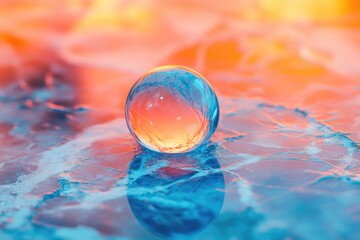 A clear sphere beautifully reflects vibrant orange and blue light, resting on a textured surface with a perfect mirrored image.