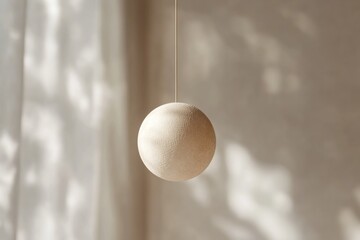 A minimalist pendant light featuring a spherical, off-white ceramic fixture with an intricate cracked texture, casting soft shadows on a warm background.