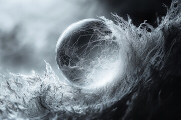 A mysterious crystal sphere, encrusted with intricate frost or delicate spiderwebs, rests amidst a textured, monochromatic landscape of organic white filaments.