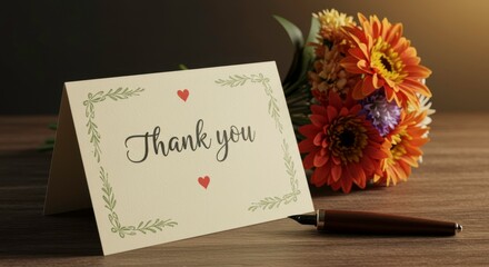 Elegant thank you note with floral design and a bouquet of vibrant gerbera daisies