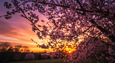 Enchanting Cherry Blossoms at Sunset: A Serene Springtime Landscape Revealing Nature's Timeless