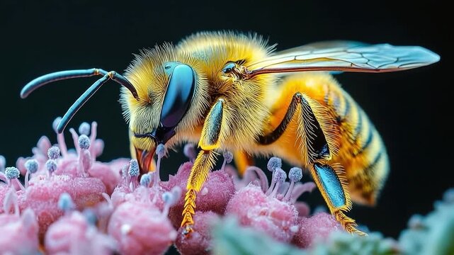 Close-up view of a bee engaged in pollination on colorful flowers, highlighting textures and dynamic action throughout the scene