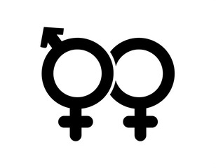 Black graphic silhouette of two intertwined gender symbols, male and female, against a plain white background, symbolizing connection