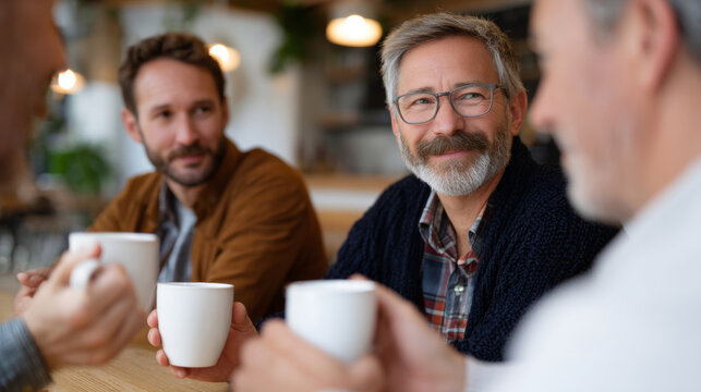 Group of mature men enjoying coffee together in a cozy cafe setting, engaging in friendly conversation and bonding over warm drinks