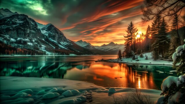 winter horizon with frozen lake and mountains ca for web and graphic design - Powered by Adobe