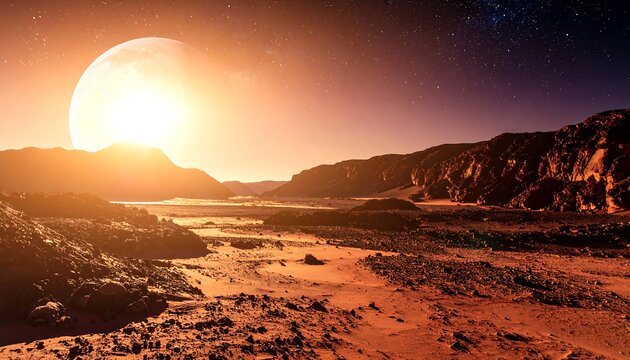 Martian Landscape with a Rising Sun - A Vision of the Red Planet.