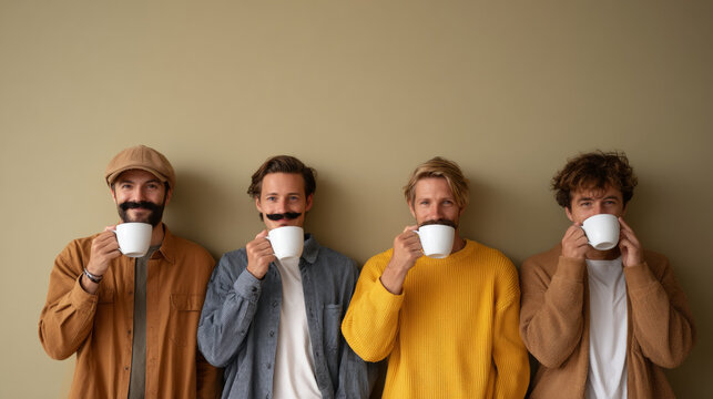 Group of four young men with fake mustaches standing against beige wall drinking coffee from white mugs in casual autumn clothing