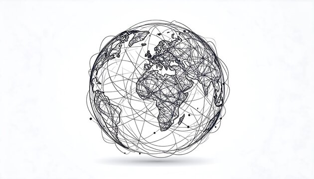 Graphic rendering of the globe, a network of connected lines representing data transfer across continents, set on a white background