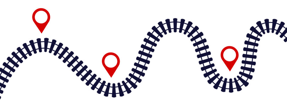 Train route infographic template. Vector curved railway tracks with journey pins, symbolizing travel map, station roadmap, and railroad navigation timeline concept.