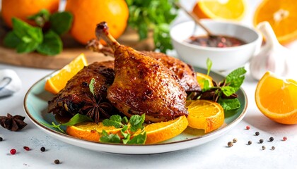 Delicious Duck Confit with Orange and Star Anise Garnish.