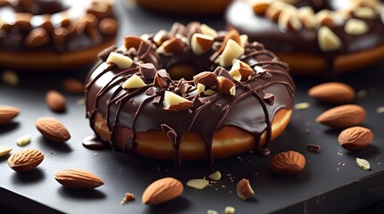 Chocolate donuts with chocolate glaze, nuts. National Donut Day.