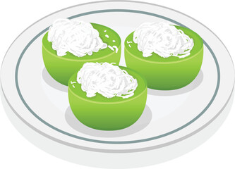 Delicious Green Kuih Kaswi Dessert Topped with Shredded Coconut, Served on a White Plate, Malaysian Traditional Food