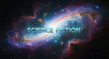 Science fiction day text overlaid on a colorful nebula and starfield in deep space, celebrating science fiction and cosmic exploration