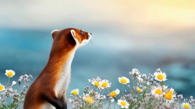 Curious weasel standing in wildflower meadow