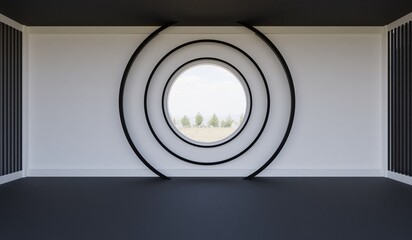 Room with circular window, showroom, stage, 3D illustration