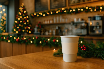Warm coffee cup on a wooden table decorated for the holiday season