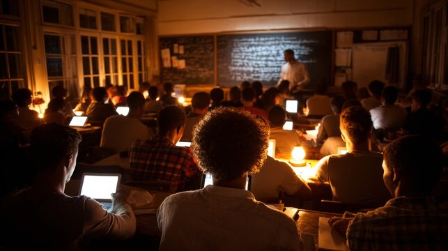 Tech-savvy students: dynamic learning with digital tools. Studio shot. Colorful classroom with reconfigured tech and interactive learning. Copy space. Print ready.